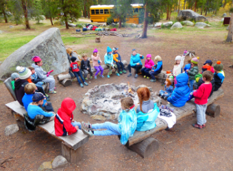 A campfire circle on first grade outdoor ed campout