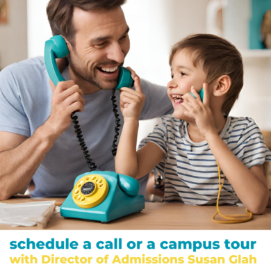 father and son talking on toy telphones