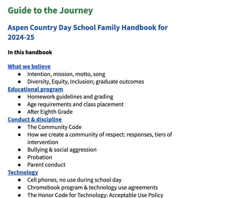 A screenshot of the first page of the Aspen Country Day School parent handbook