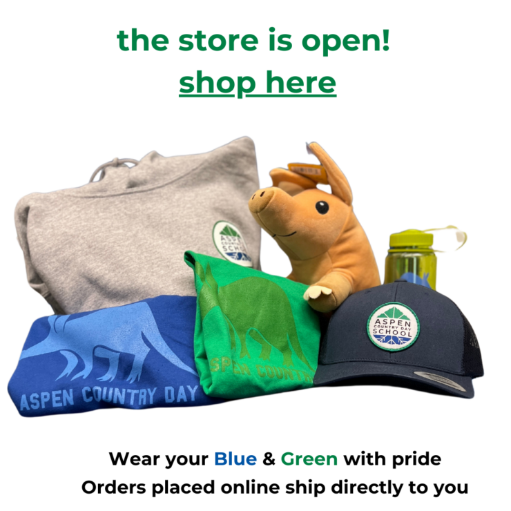 a photo showing a selection of items from the Aspen Country Day School online school store, including logo wear and hats