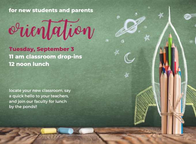 Invitation to an orientation for new students at Aspen Country Day School in September 2024