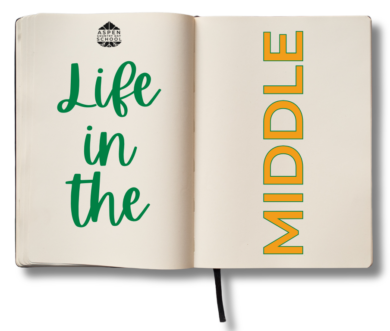 a graphic showing an open book with the words "Life in the Middle" to illustrate a blog post about middle school at the Roaring Fork Valley's private school for Preschool to Eighth Grade