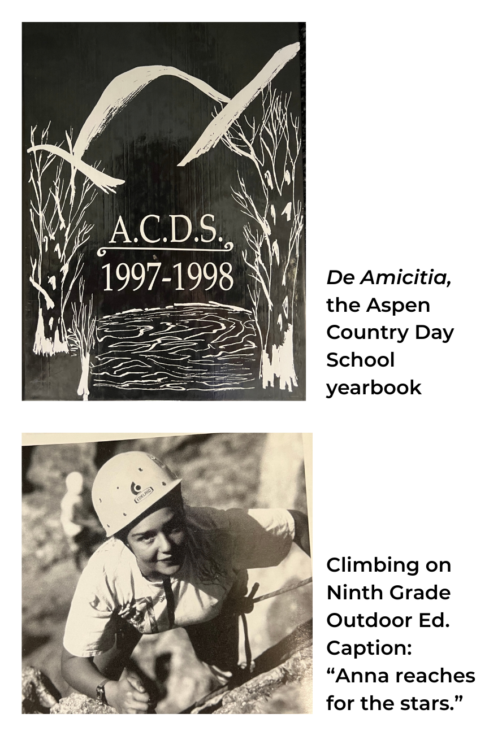 De Amicitia yearbook cover from Aspen Country Day School, featuring Anna Covert climbing during Ninth Grade Outdoor Education, with the caption 'Anna reaches for the stars.'